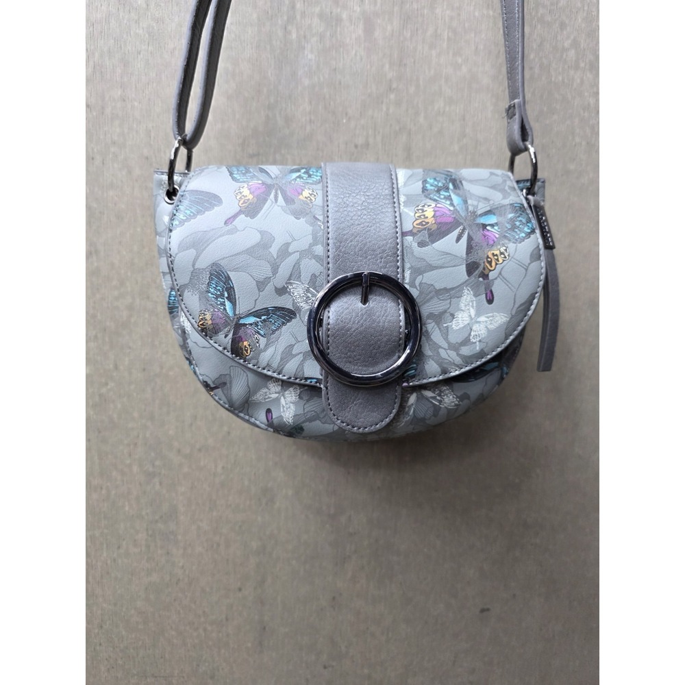 Butterfly Print Saddle Crossbody Bag Gray Floral Adjustable Strap Purse